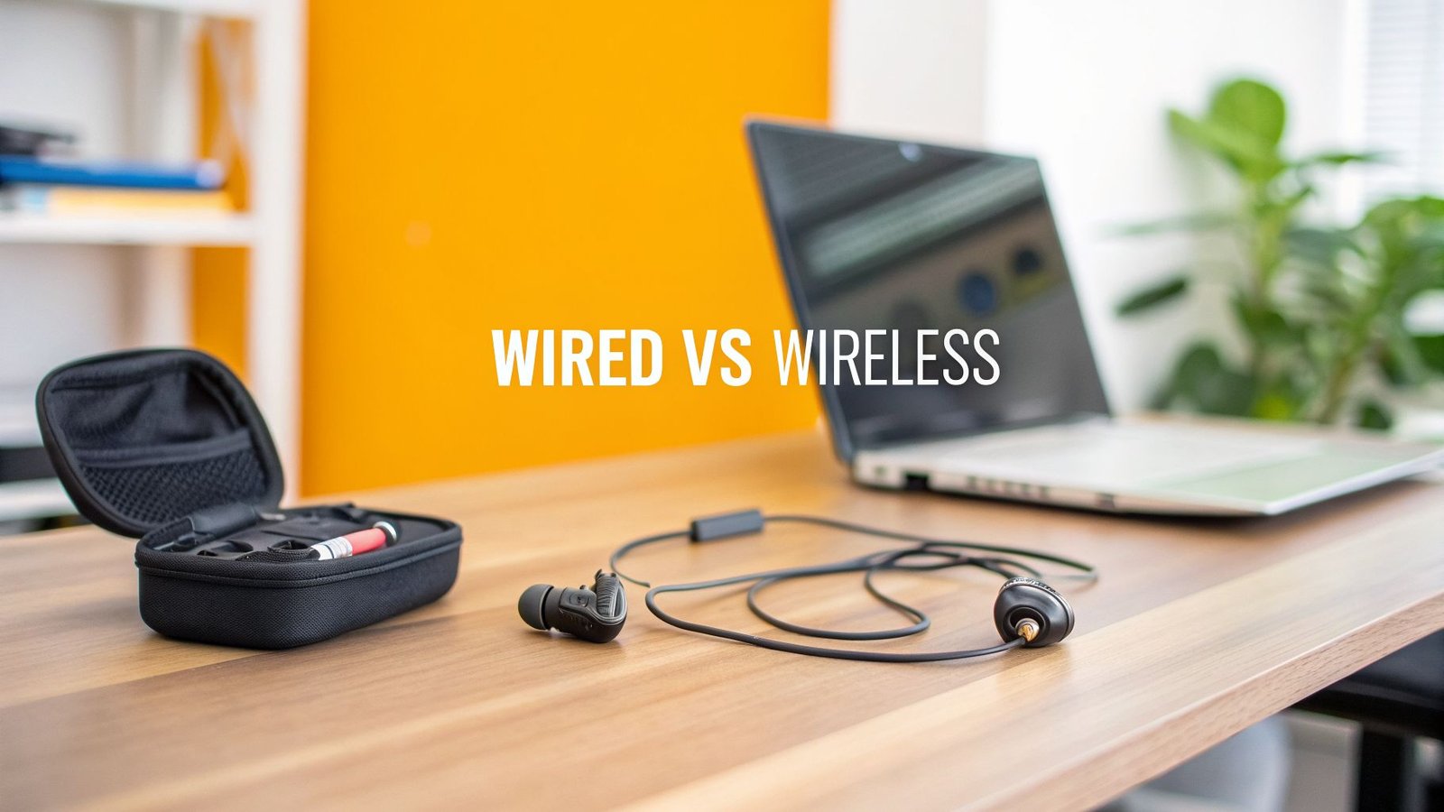 A pair of black wired in-ear monitors on a wooden desk next to an open case and a laptop, with "WIRED VS WIRELESS" text.