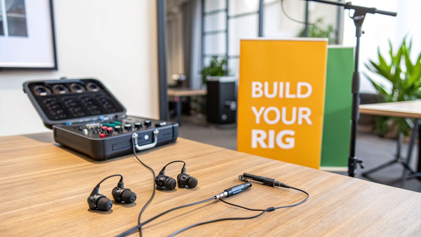 Portable audio mixer kit with in-ear monitors and cables on a wooden table, featuring a 'BUILD YOUR RIG' sign.
