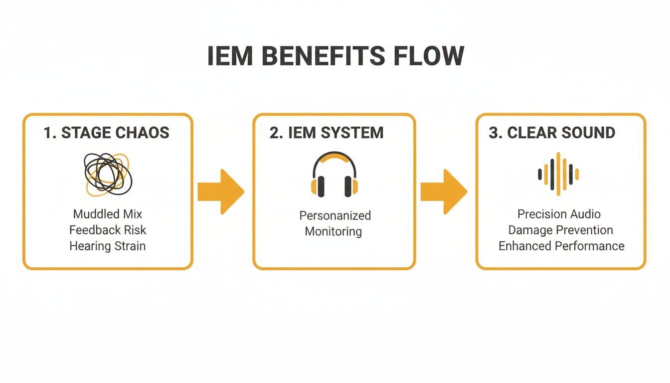 IEM benefits flow diagram illustrating how in-ear monitors transform stage chaos into clear sound.