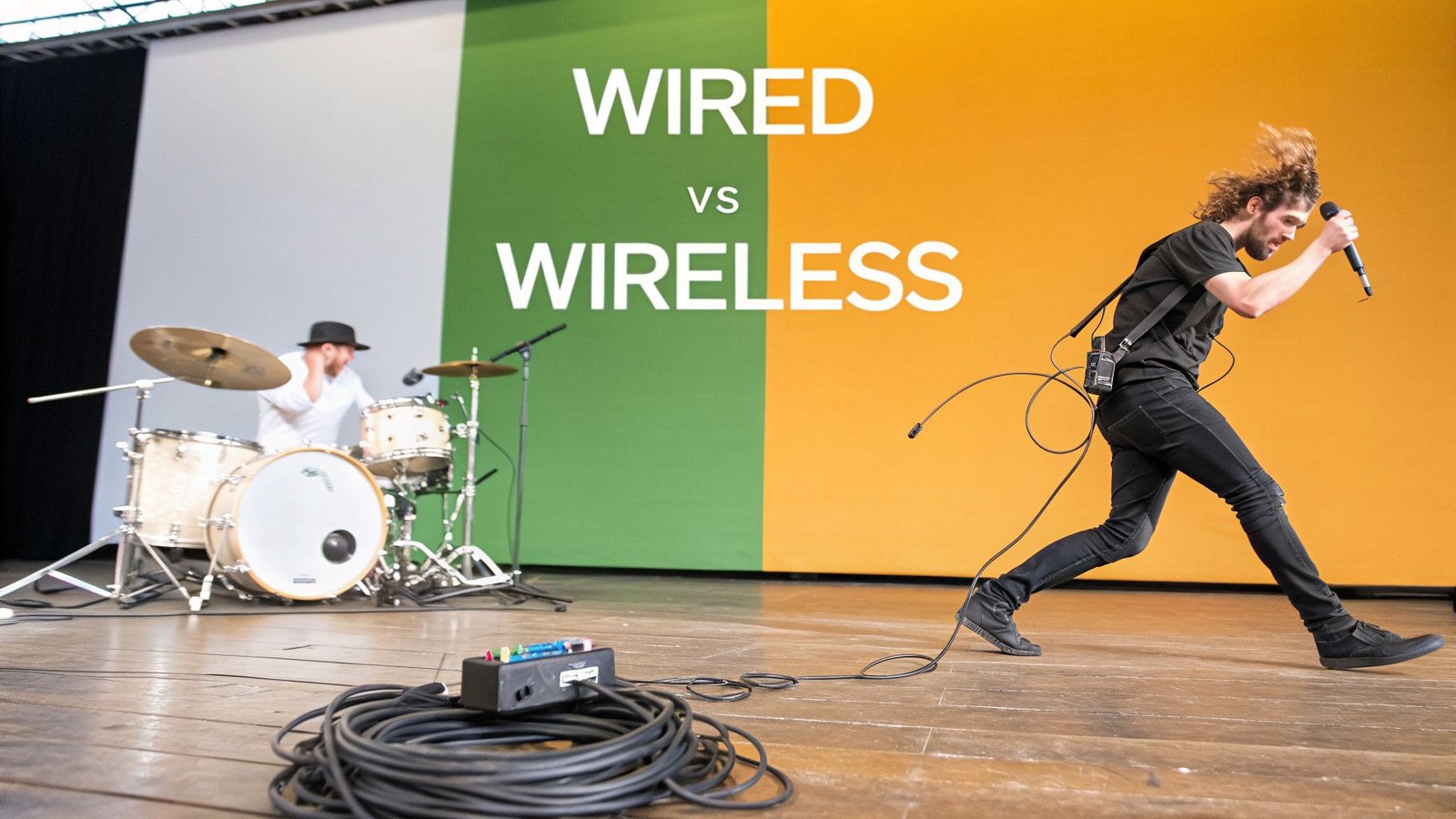 A drummer on the left (wired) and a singer with a wireless microphone on the right, illustrating wired vs. wireless audio connections.