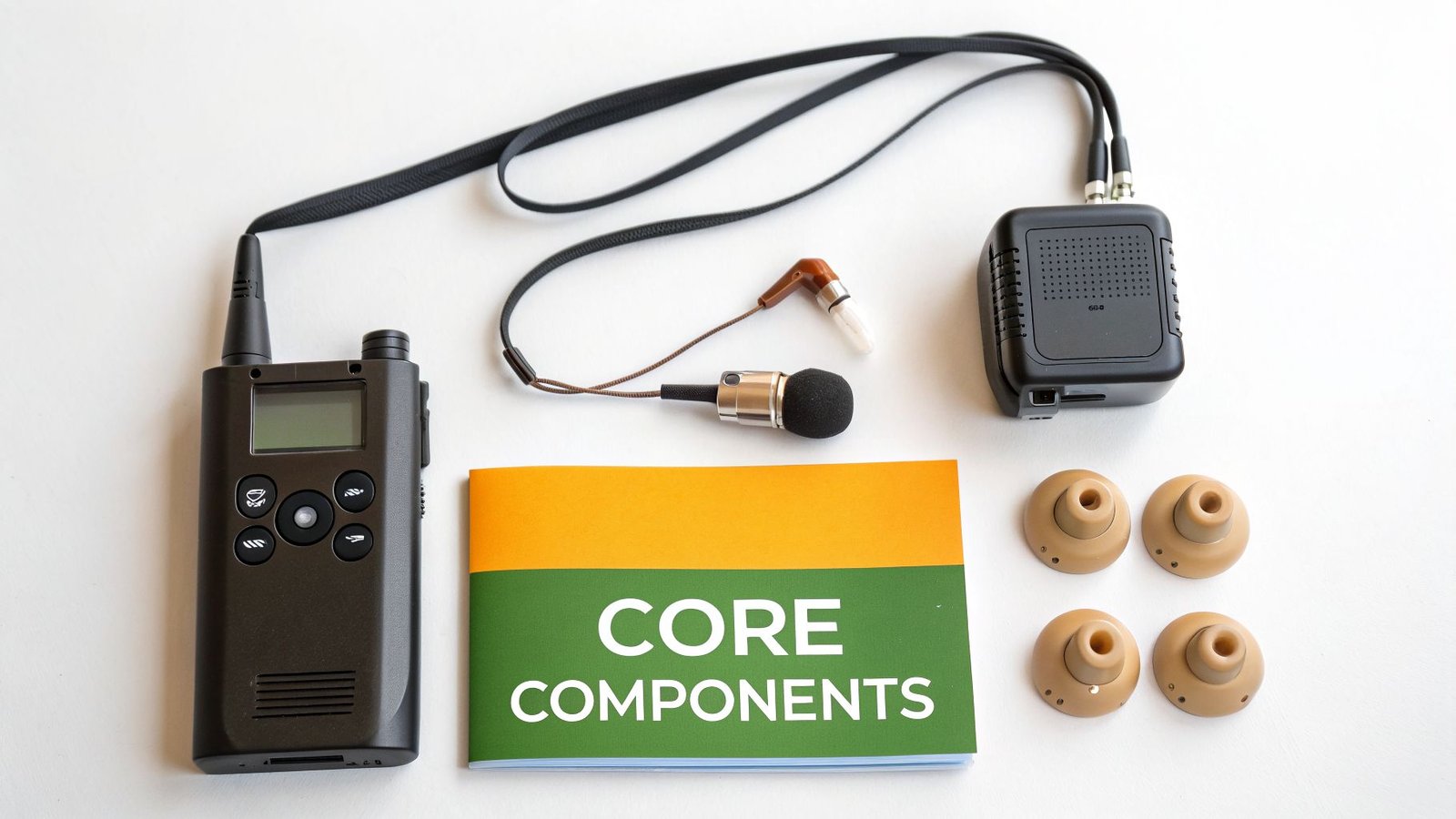 Assorted audio communication equipment on a white background, including a radio, receiver, microphone, earbud, and ear molds.