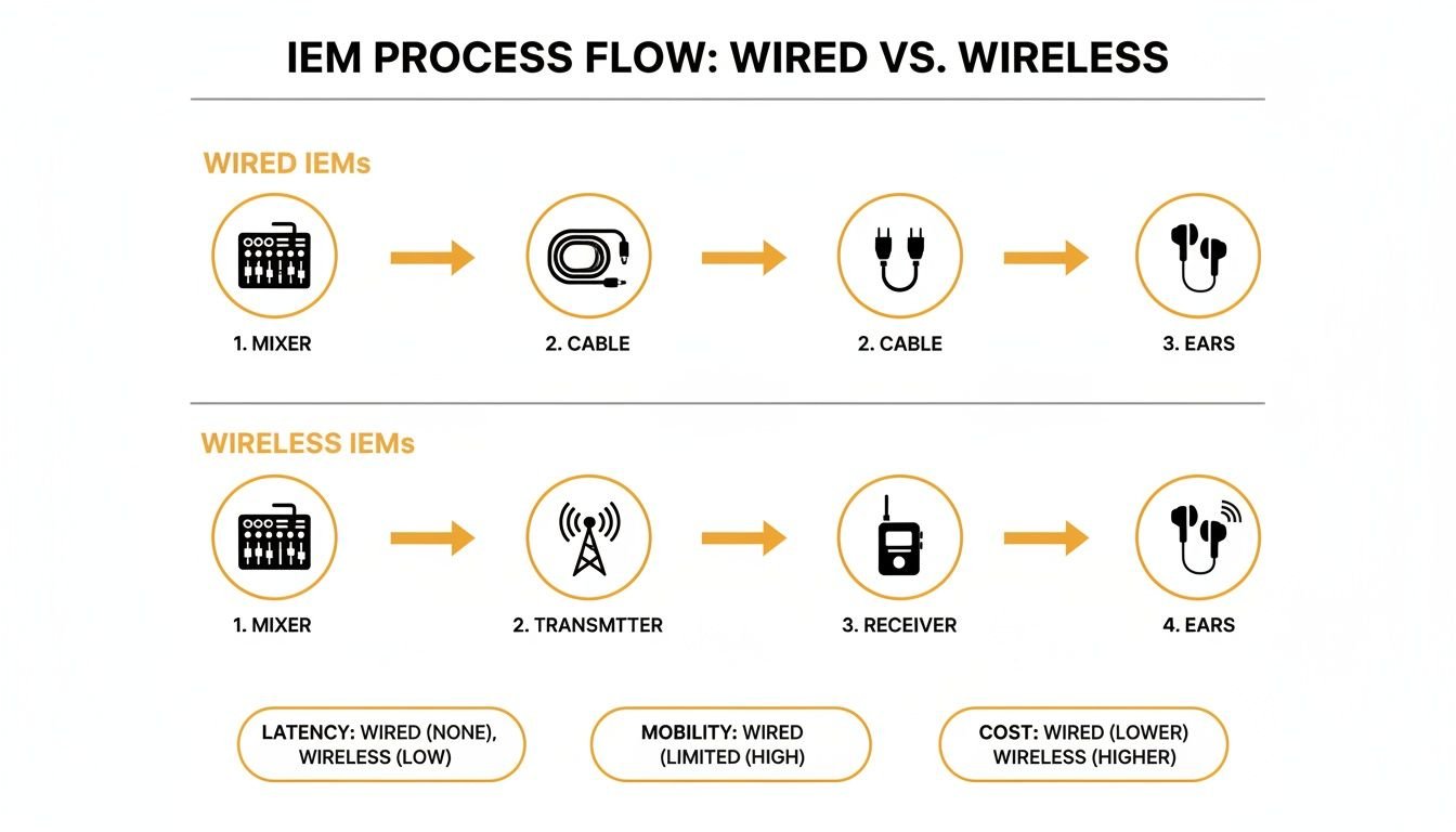 Process flow diagram comparing wired and wireless In-Ear Monitor (IEM) systems and their key differences.
