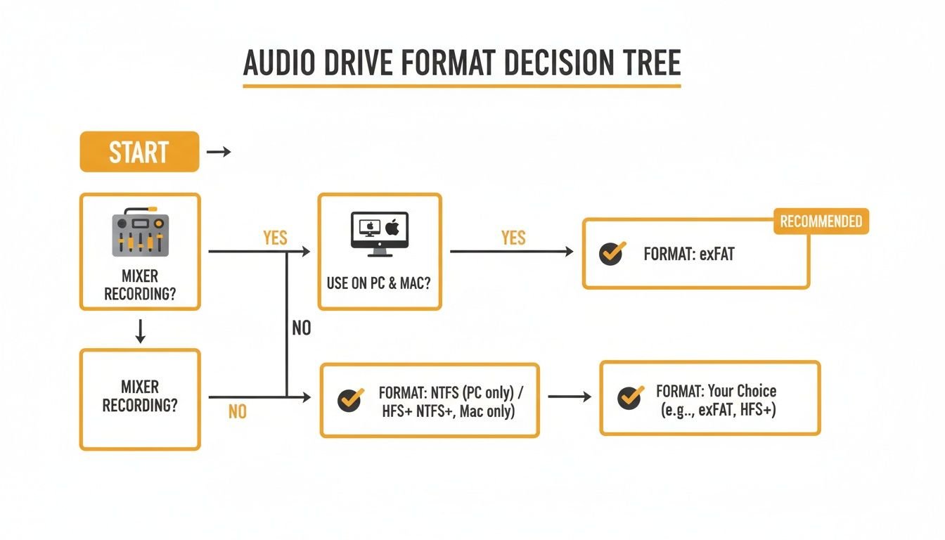 Audio drive format decision tree flowchart guides users through choosing the best file system for their recording needs.