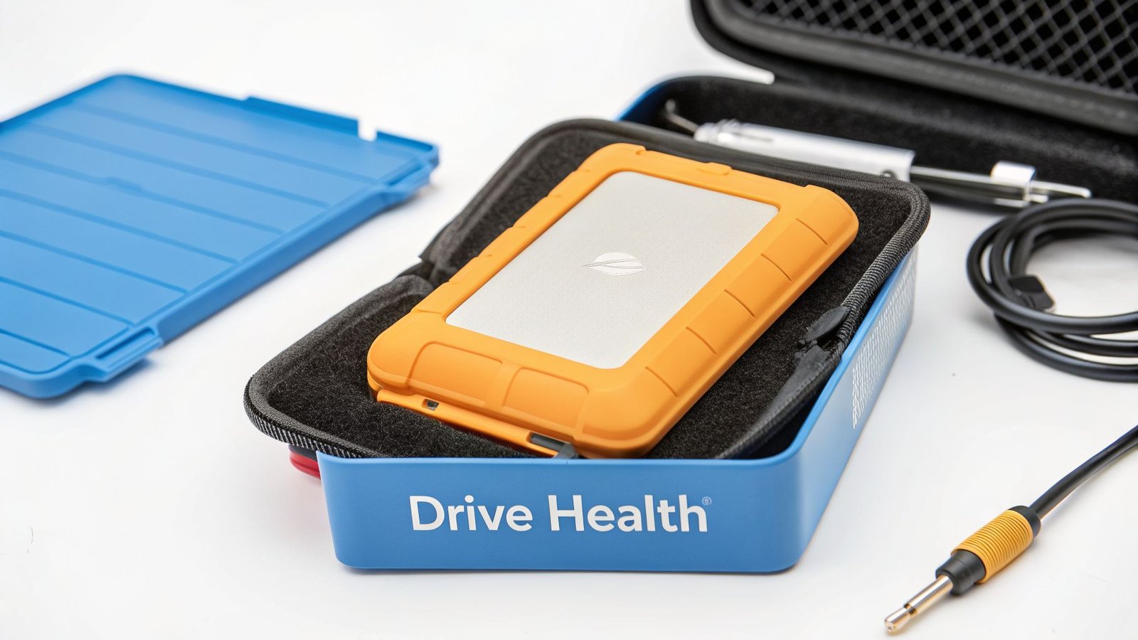 An orange external hard drive sits in a blue case with 'Drive Health' text and accessories.