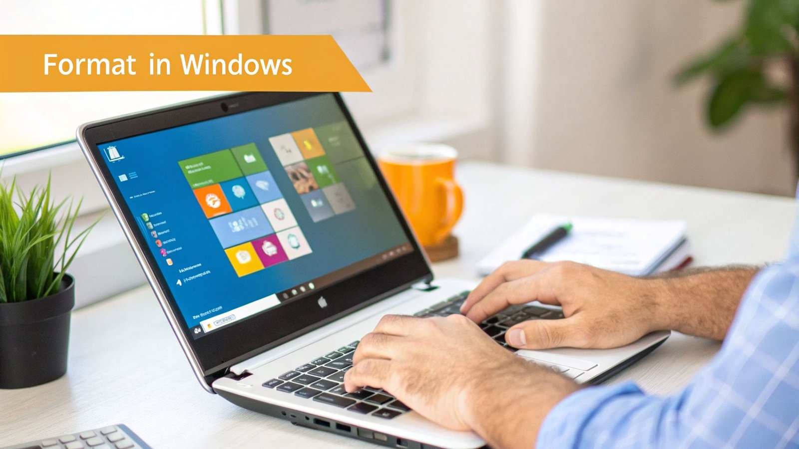 A person typing on a laptop displaying the Windows operating system and a banner stating "Format in Windows".