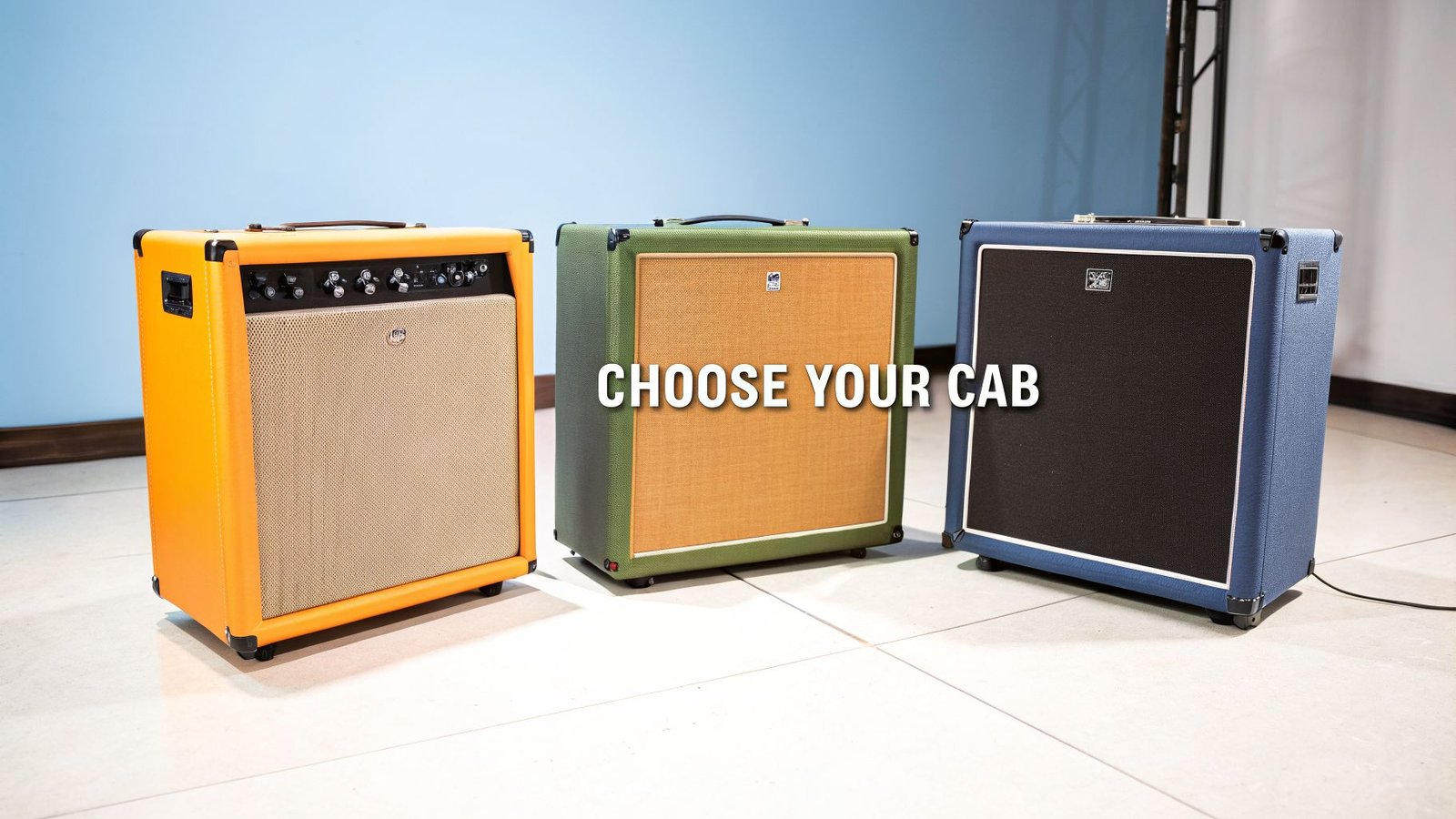 Three colorful guitar amplifier cabinets in orange, green, and blue on a light floor, ready for selection.