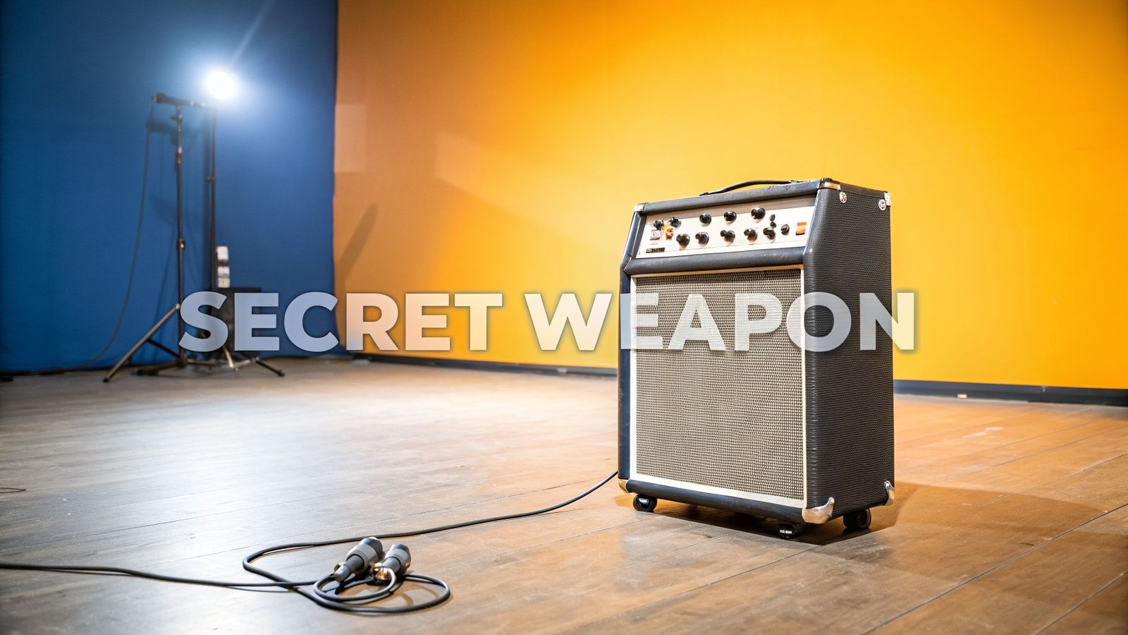 A powerful guitar amplifier on a wooden stage with a spotlight, microphones, and "SECRET WEAPON" text.