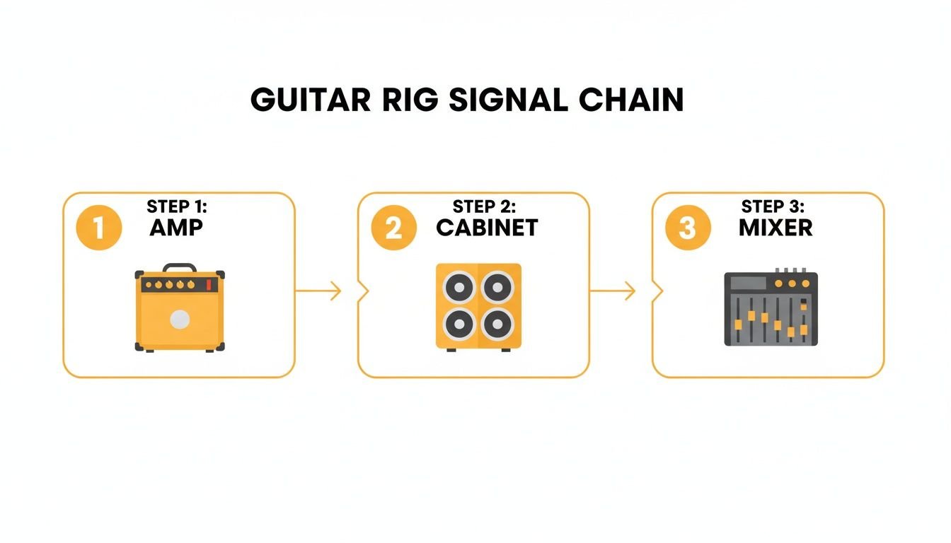 A diagram illustrating the guitar rig signal chain: amplifier, speaker cabinet, and mixer with arrows showing the flow.
