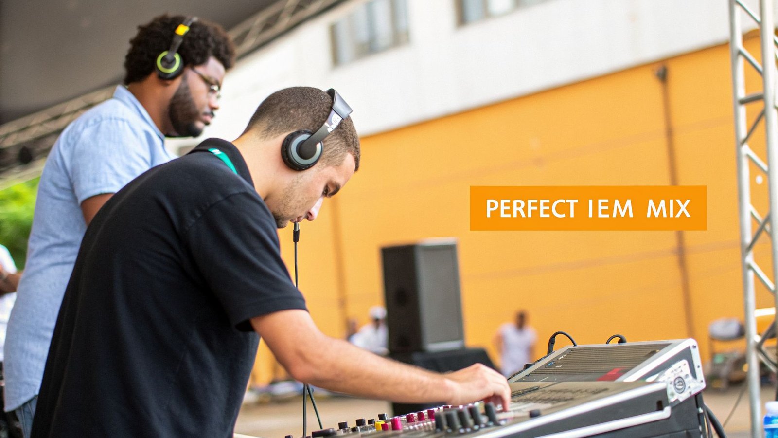 Two sound engineers wearing headphones operate a mixing board at an outdoor music event.