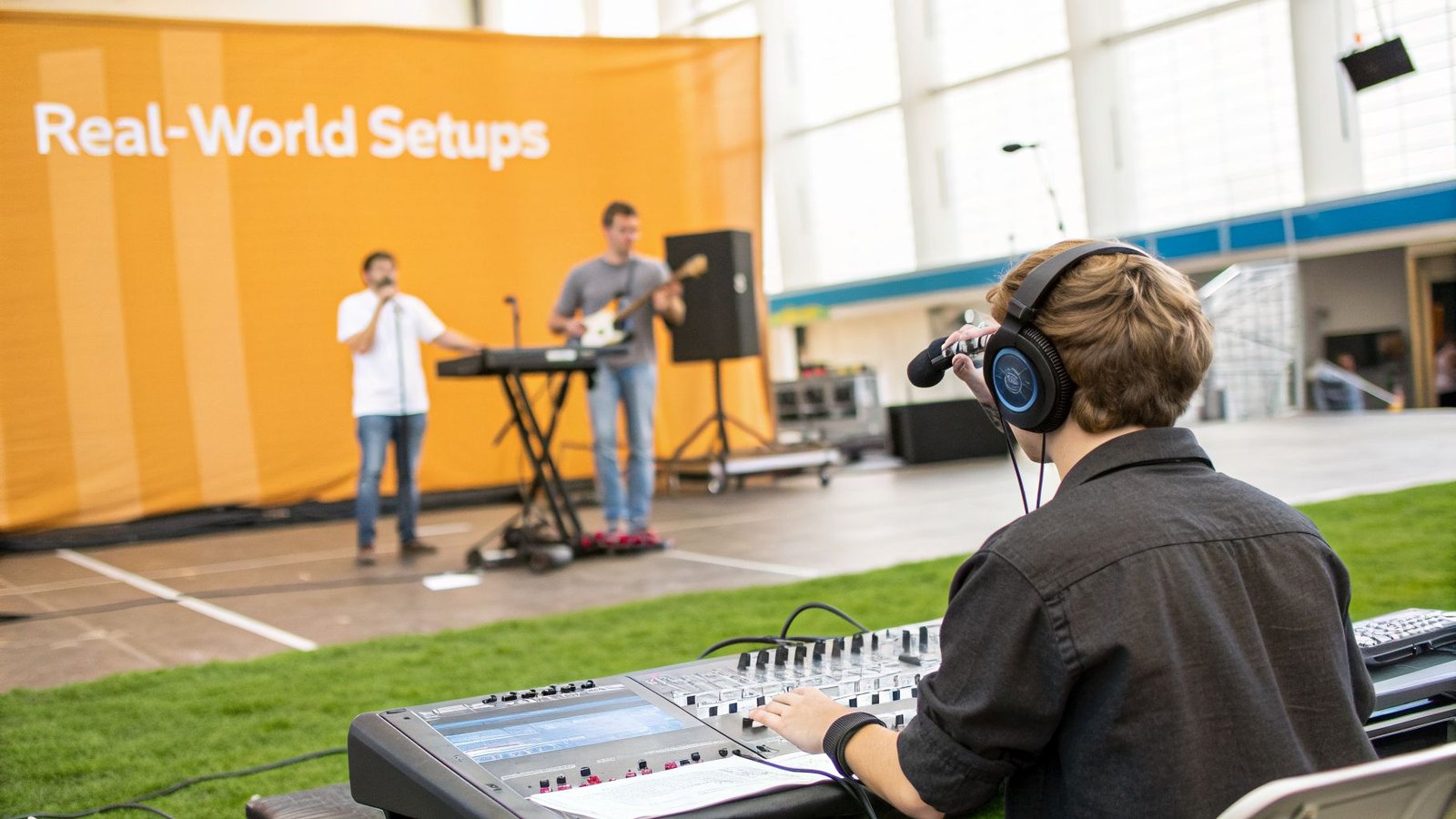 A sound engineer wearing headphones operates a mixing board for a live music performance.