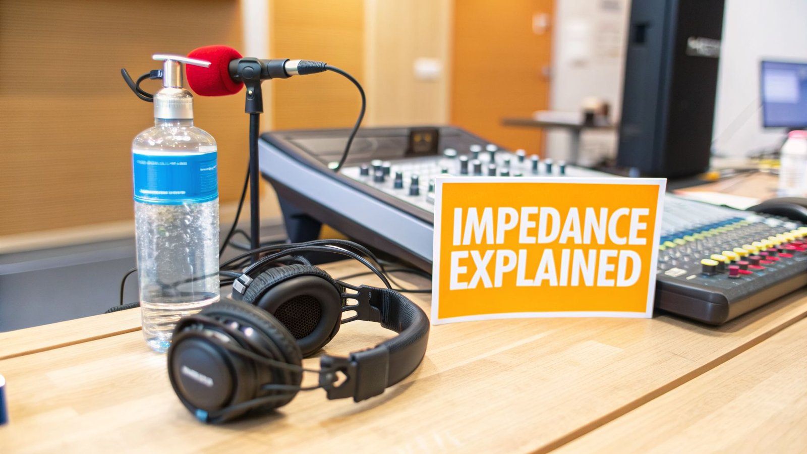 A podcast setup with a microphone, headphones, audio mixers, and a sign reading 'Impedance Explained'.