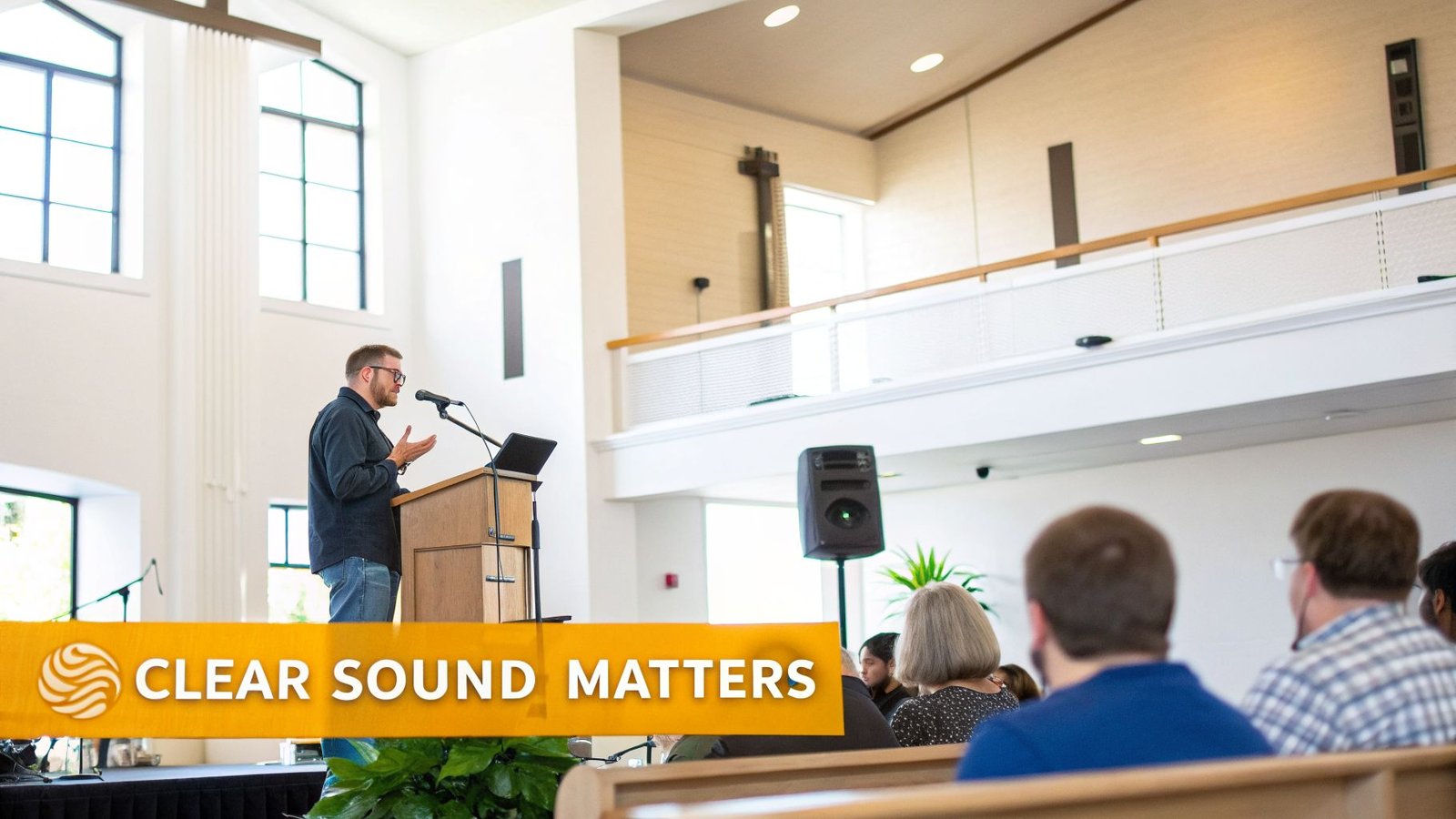 A man speaks at a podium with a microphone in a modern church setting to an audience.