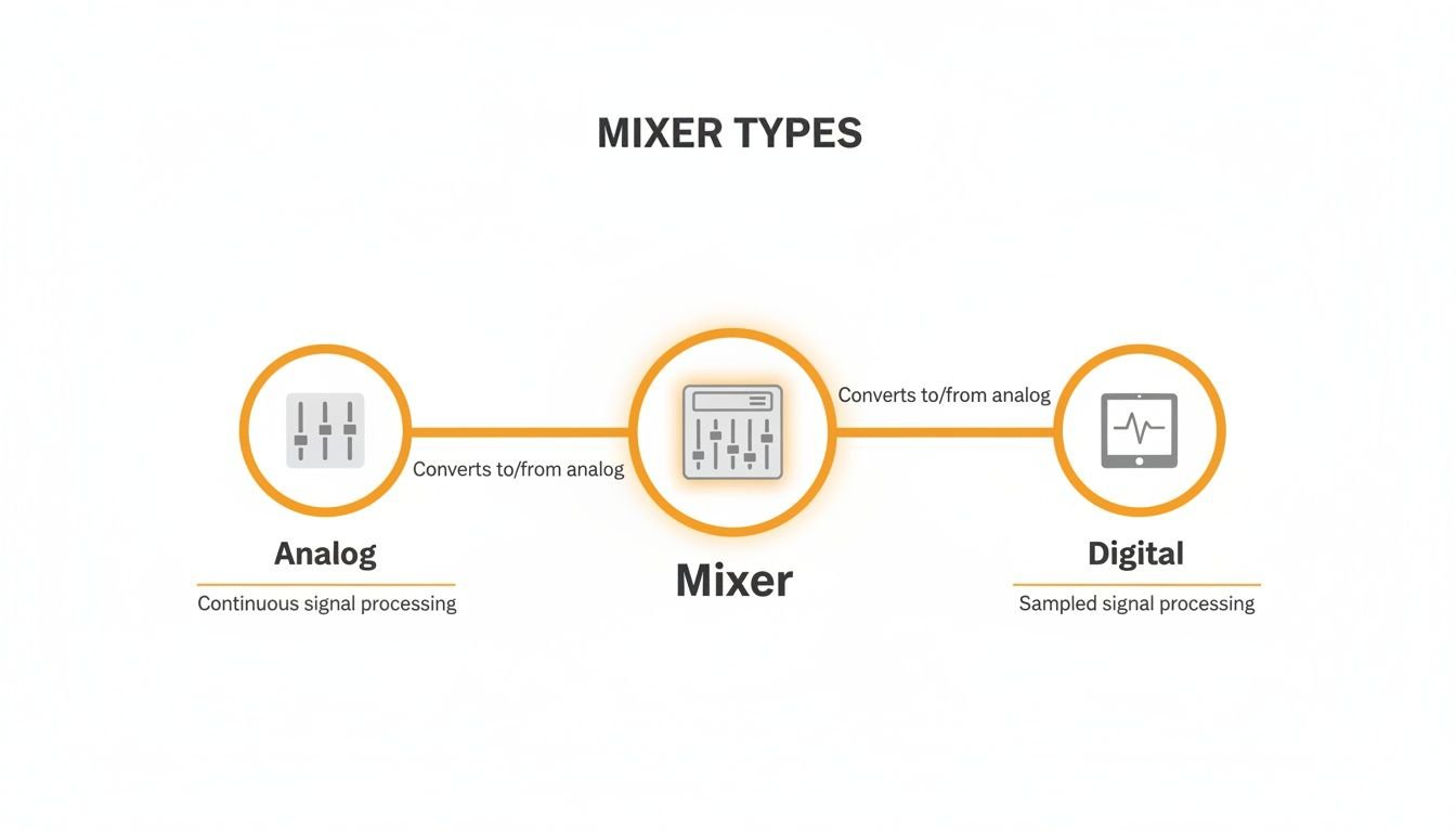 Diagram showcasing analog and digital mixer types, illustrating continuous and sampled signal processing and conversion.