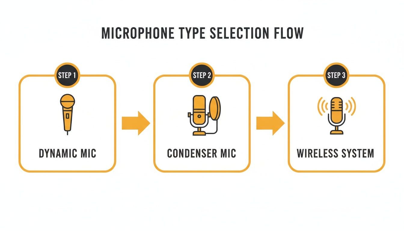 Diagram showing different microphone types and their uses, emphasizing clarity and performance.