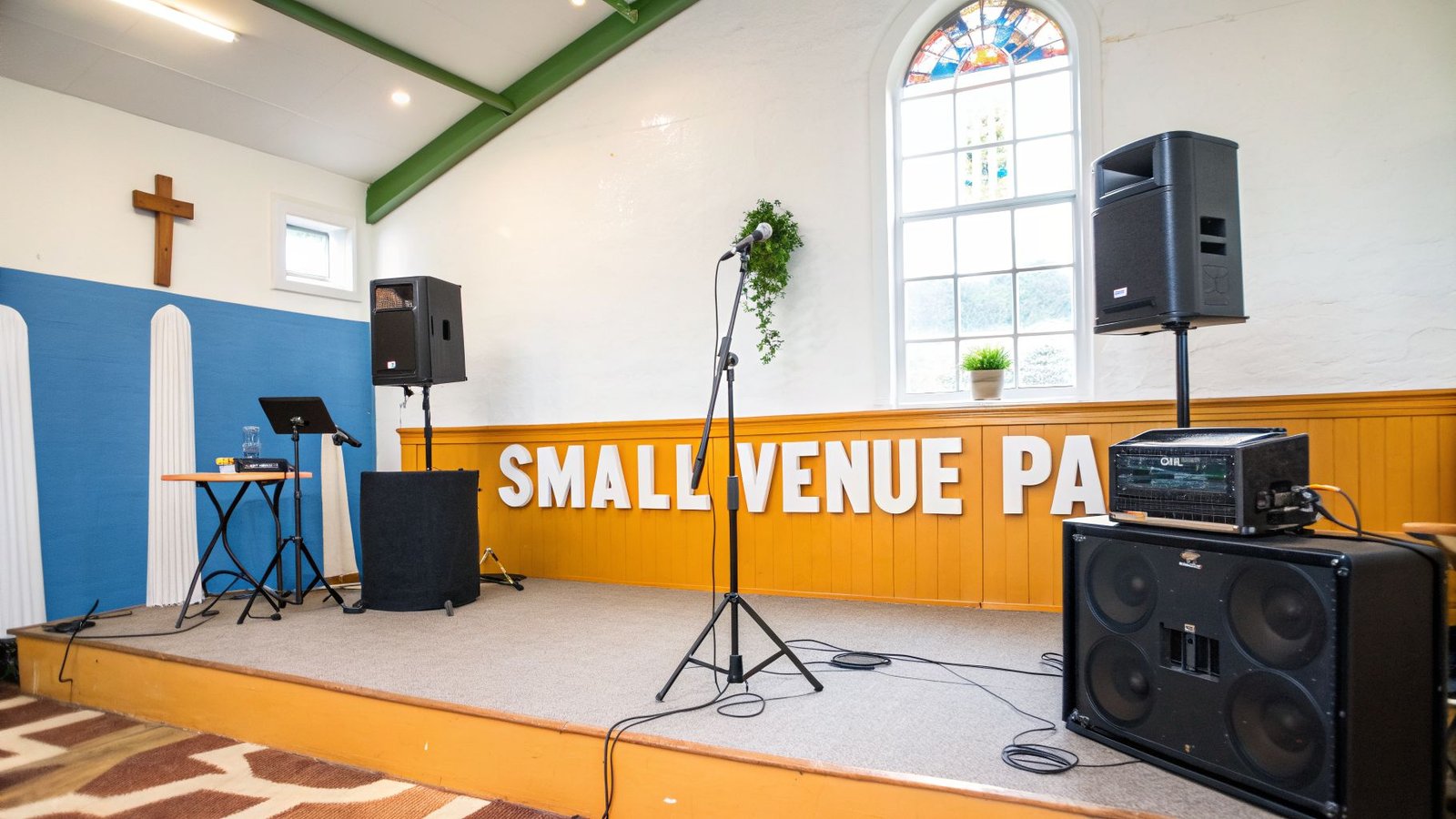 Audio equipment and a stage setup for a small venue, featuring speakers, microphone, and a lectern.