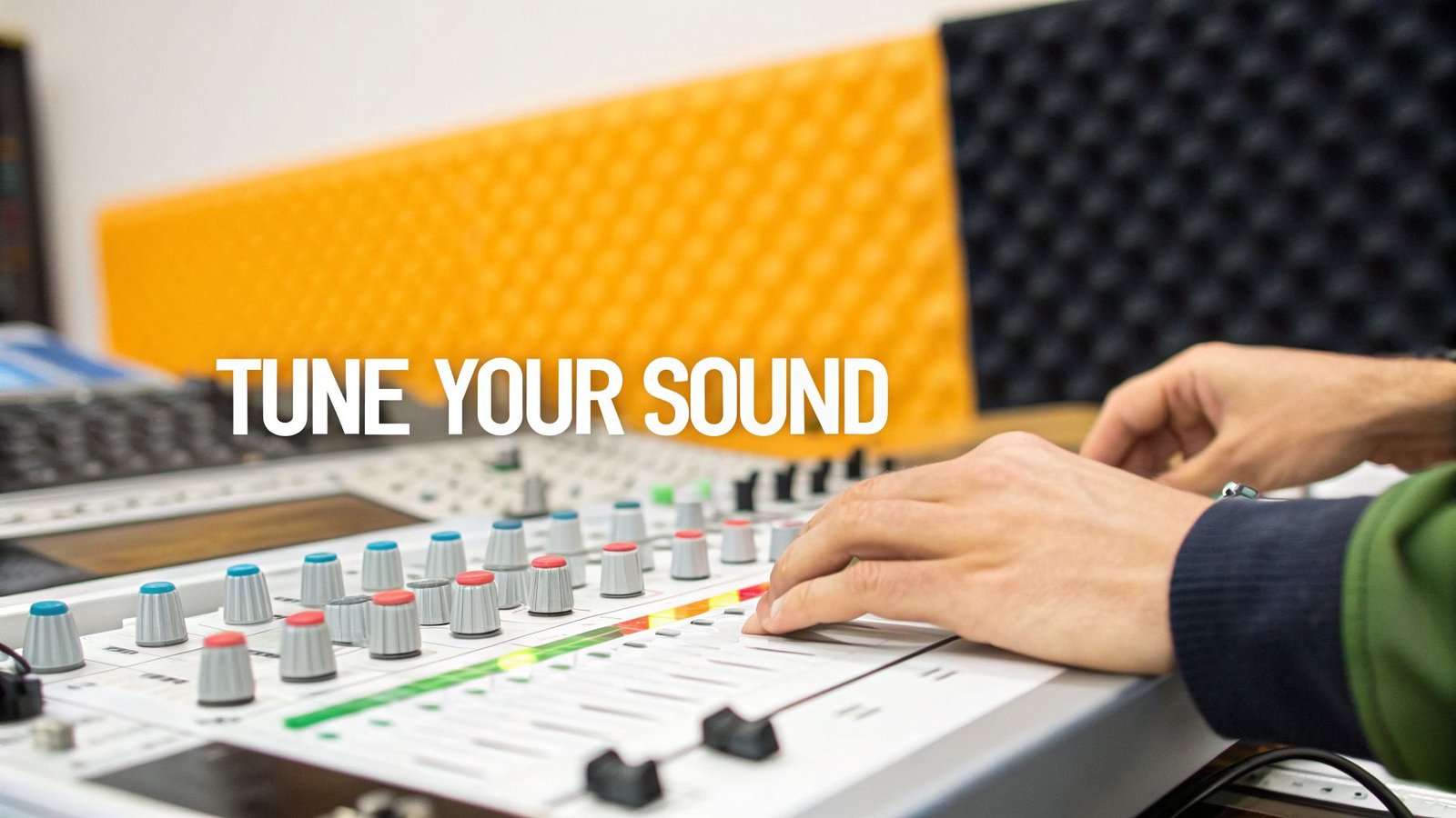 Close-up of hands operating a professional sound mixing board with 'TUNE YOUR SOUND' overlay.