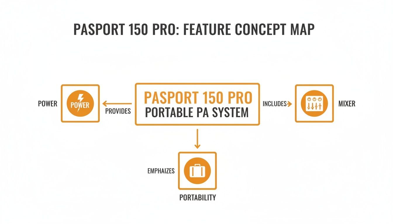 Concept map illustrating the Pasport 150 Pro Portable PA System's features, including power, mixer, and portability.