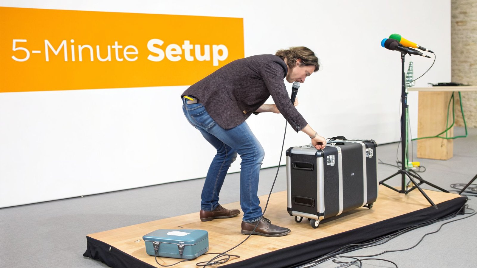 A speaker prepares audio gear on a stage with a "5-Minute Setup" banner.