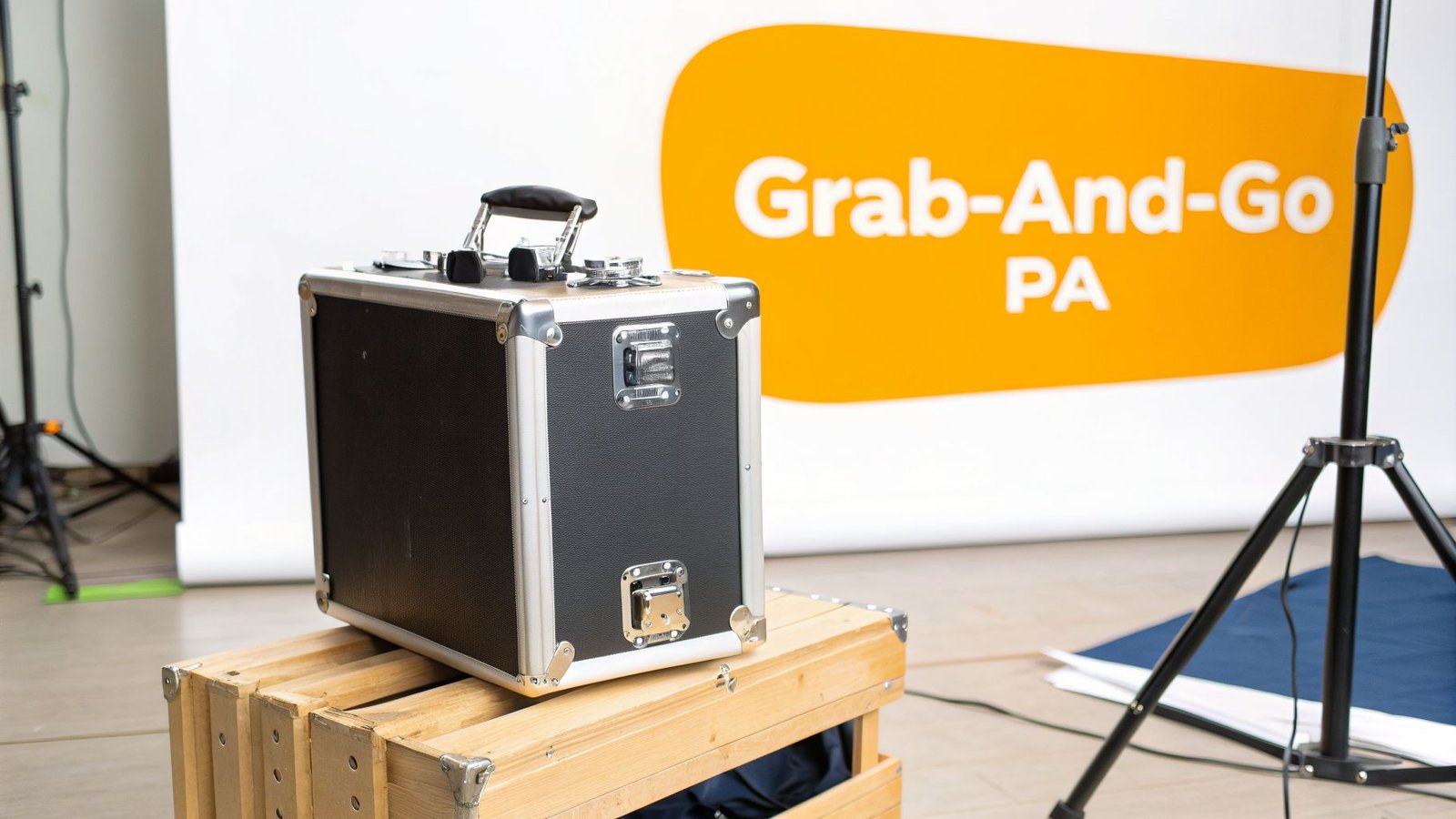A black and silver portable audio case sits on a wooden crate in a studio.