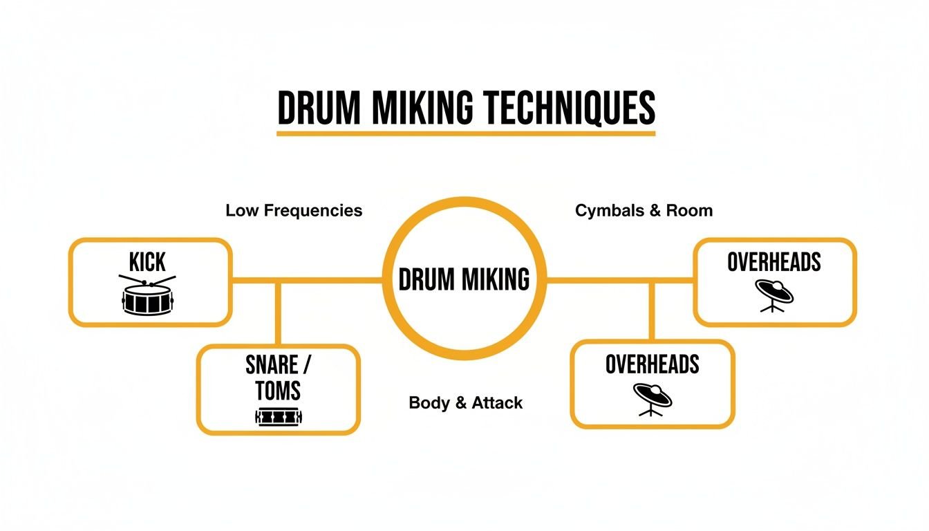 A diagram illustrates drum miking techniques, detailing which microphones capture specific drum elements and frequencies.
