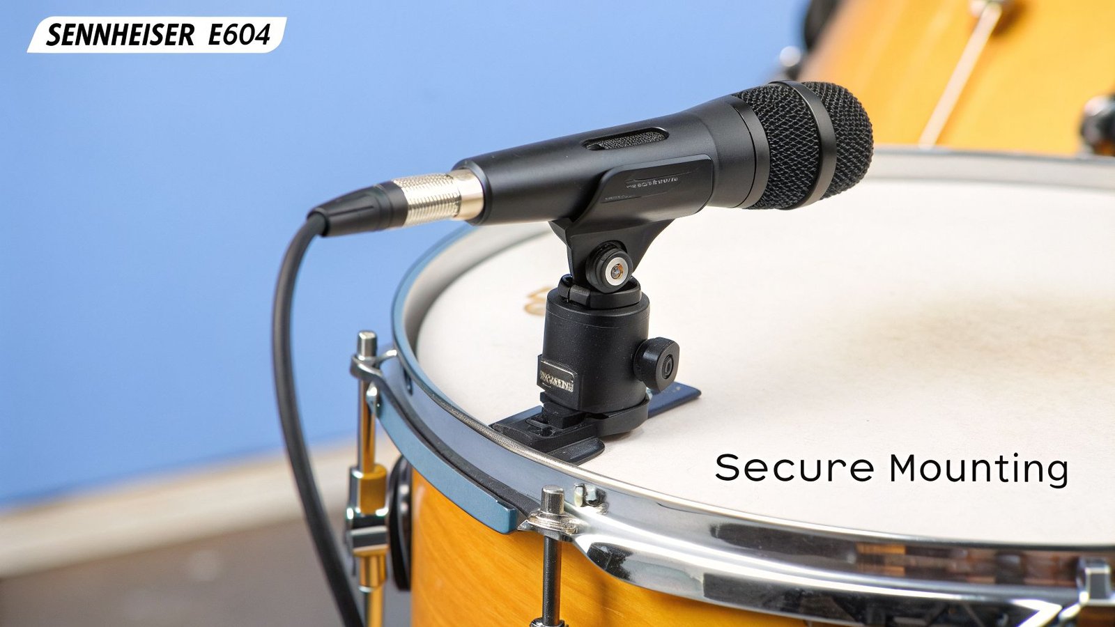 A black Sennheiser E604 microphone is securely mounted to the rim of a drum.