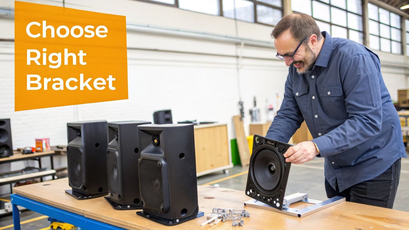 A smiling man works with a speaker woofer and mounting bracket on a workbench, next to other speakers.