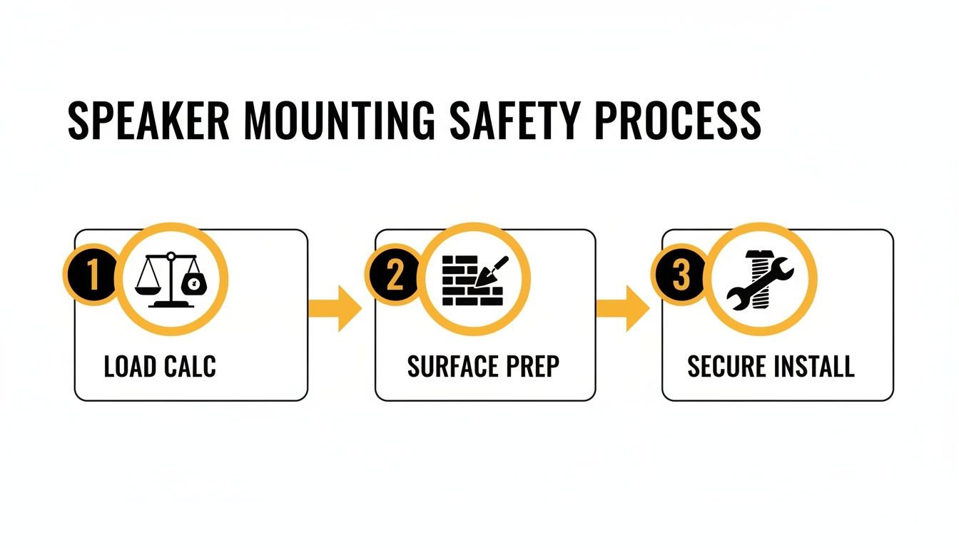 A three-step diagram illustrating the speaker mounting safety process: load calculation, surface preparation, and secure installation.