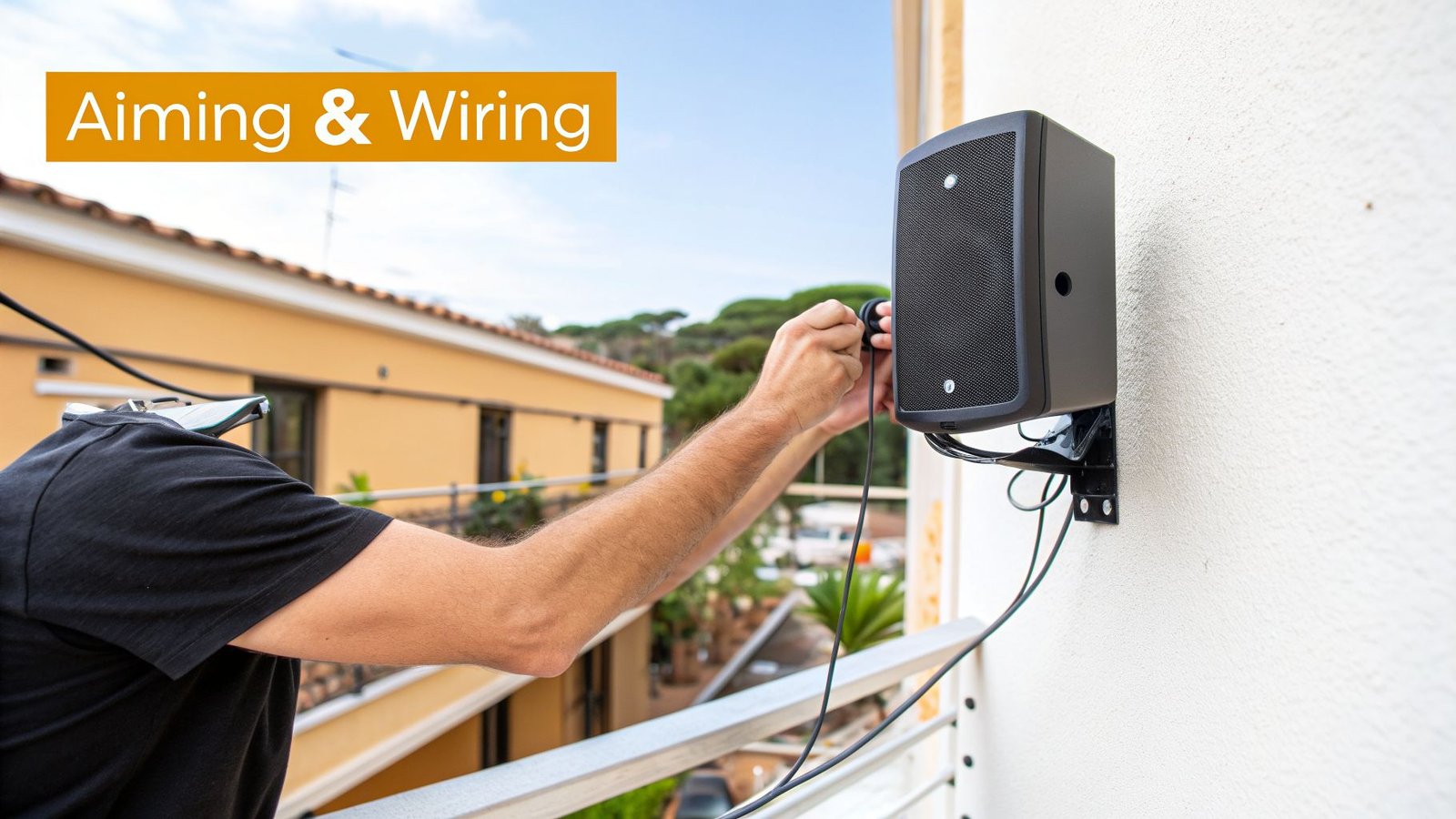 A person's hands connect wires to a black outdoor speaker installed on a white wall.