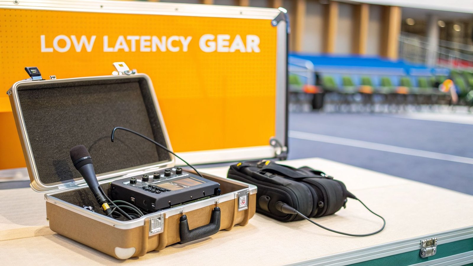 An open equipment case with a microphone and audio mixer, beside a "LOW LATENCY GEAR" sign.