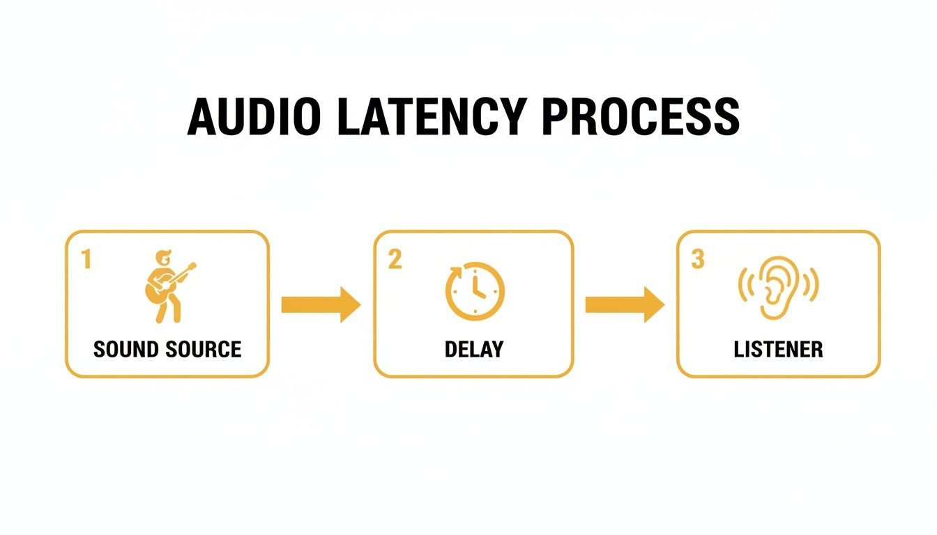A diagram illustrating the audio latency process, showing a sound source, a delay, and a listener.