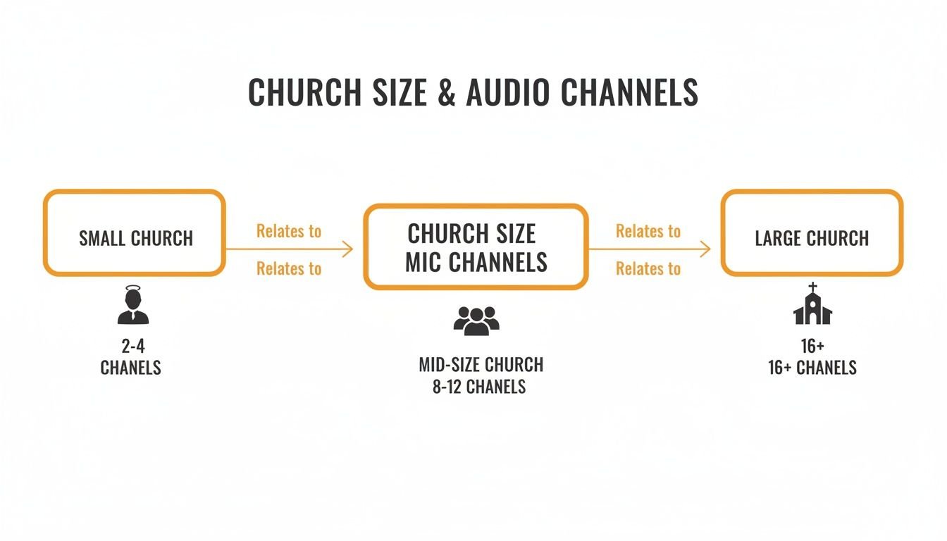 Flowchart illustrating recommended audio channels for small (2-4), mid-size (8-12), and large (16+) churches.