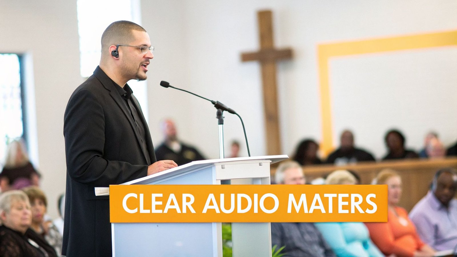 A man with an earpiece speaks into a microphone at a podium in a church, with 'CLEAR AUDIO MATTERS' text.