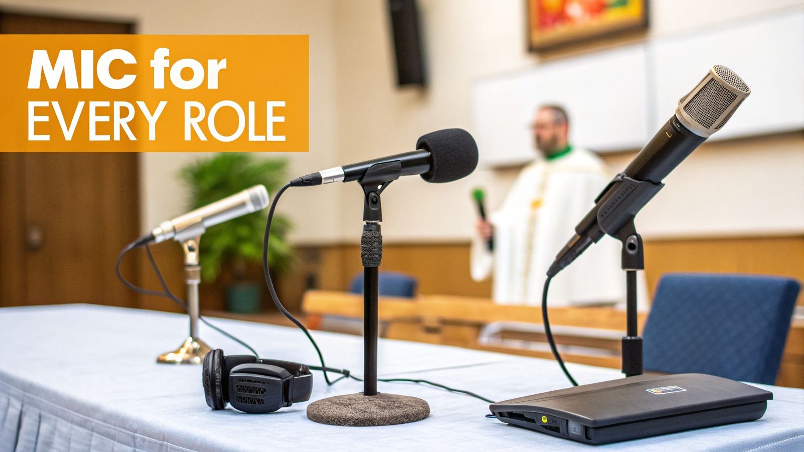 Various microphones and audio equipment on a table for multiple roles, with a person speaking in the background.