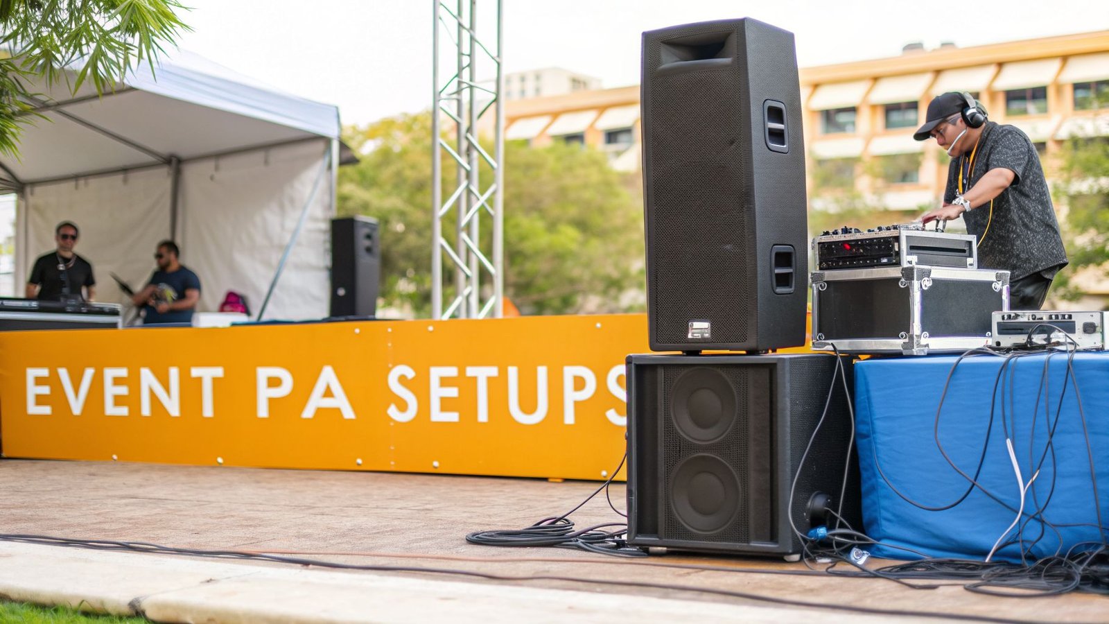 A DJ in headphones mixing music at an outdoor event with large PA speakers.
