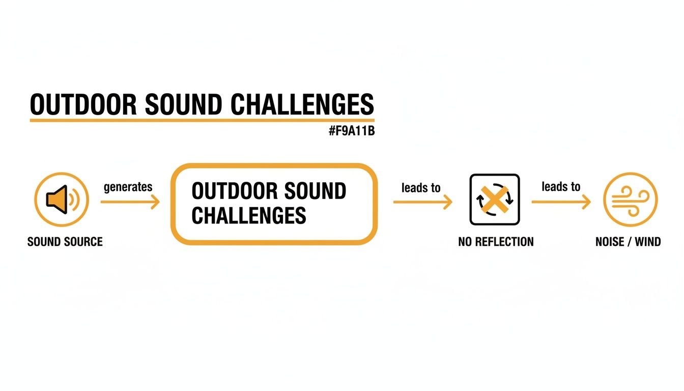 Flowchart illustrating outdoor sound challenges, detailing the path from sound source to noise and wind issues.