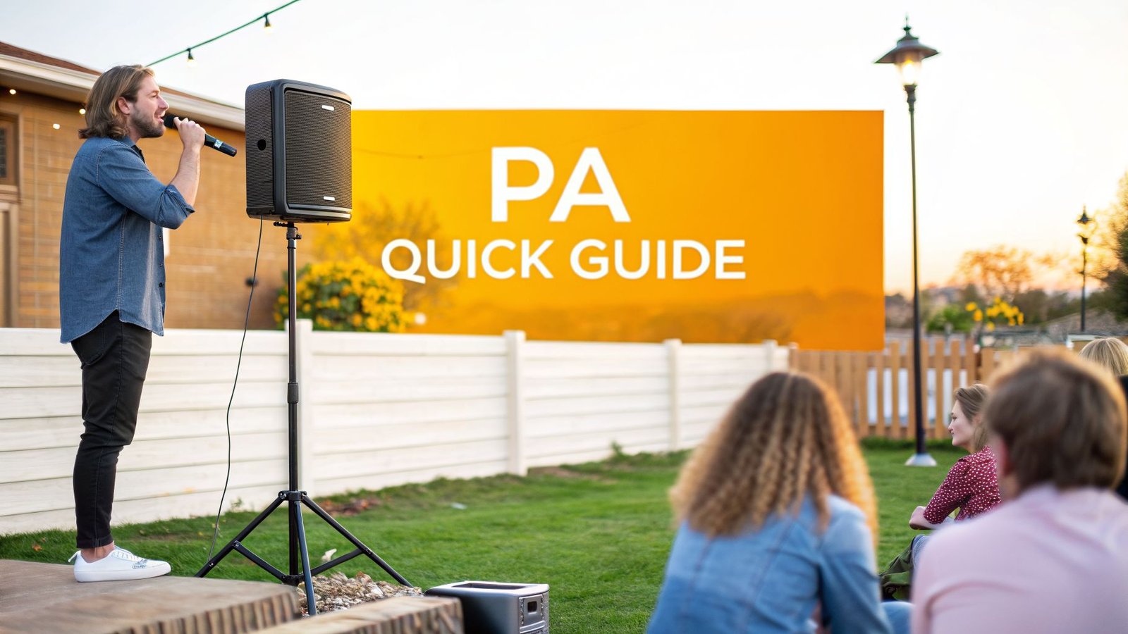Man singing into a microphone next to a PA speaker on a stand at an outdoor event with an audience.