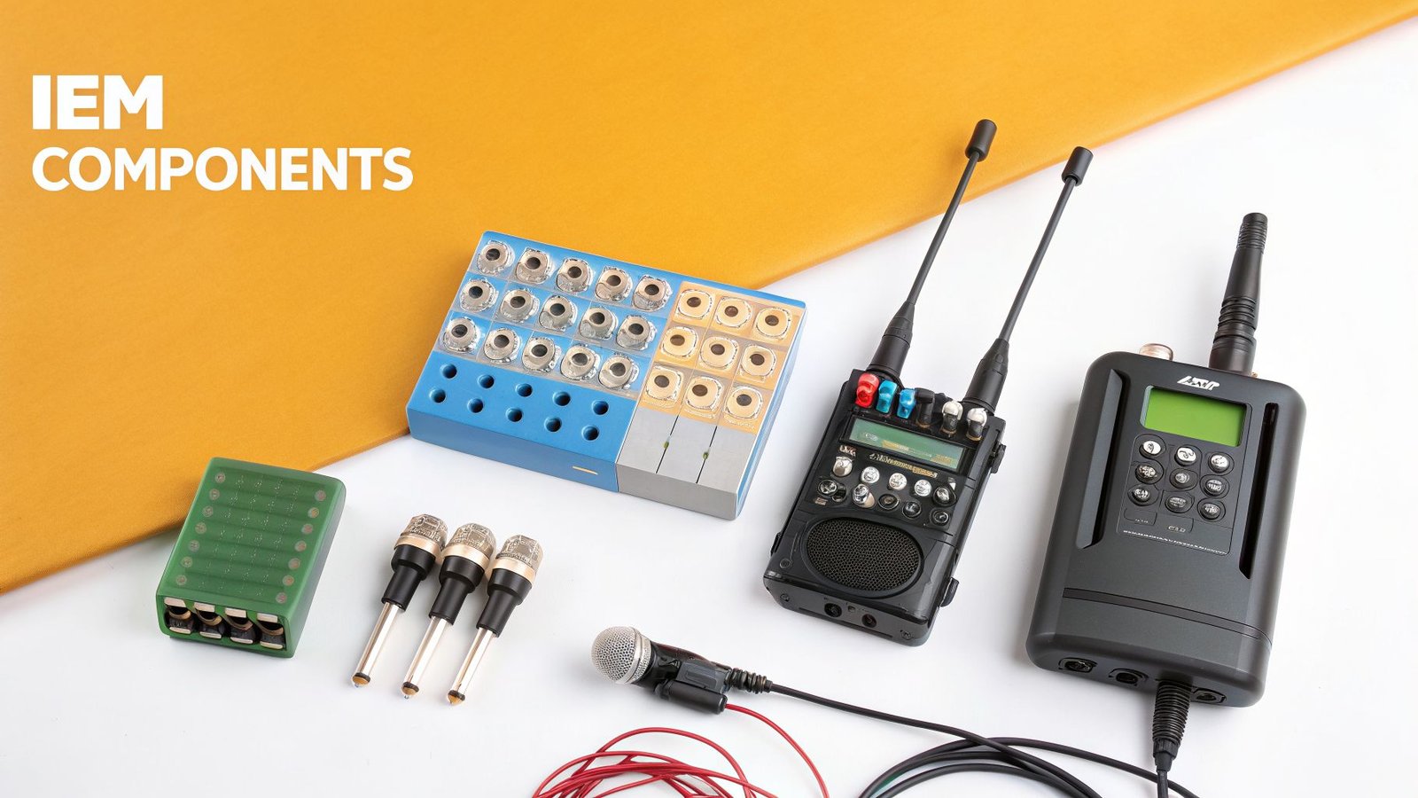 Various In-Ear Monitor (IEM) system components, including wireless receivers, transmitters, and microphones, on a white and orange surface.