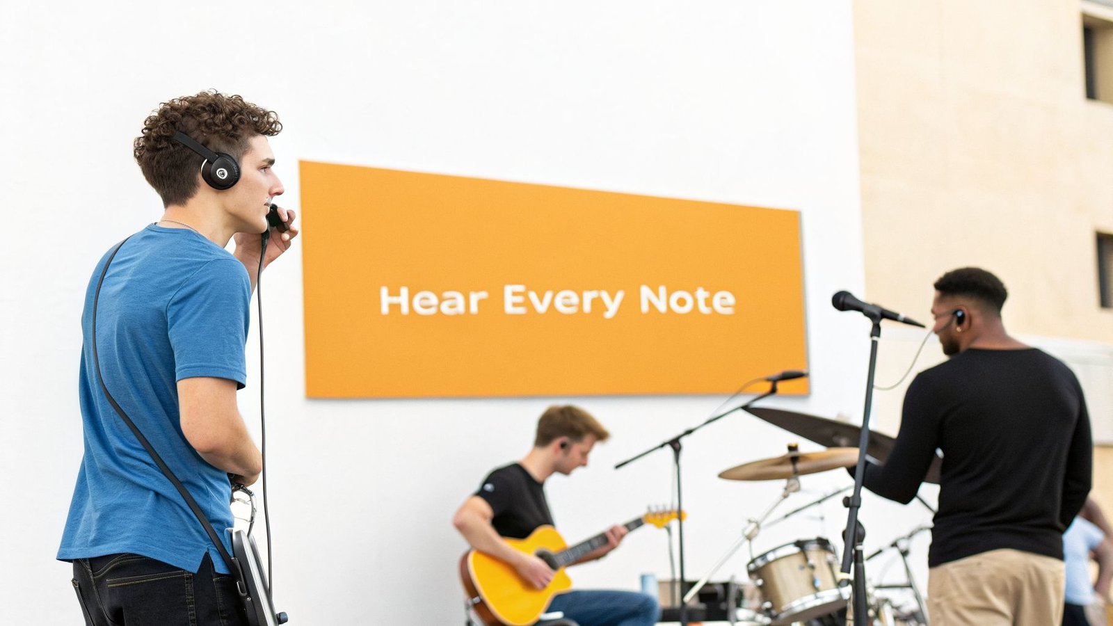 A young man with headphones and a microphone, facing a band with in-ear monitors and a sign saying "Hear Every Note."